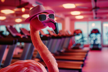Portrait of a young fit athlete in sunglasses, training at gym with pink flamingo in background for...