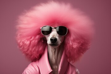 Chic Stylish poodle with pink sunglasses. Vogue fluffy puppy doggy in glamorous outfit. Generate ai - 788745184
