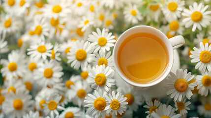 A cup of herbal tea surrounded by a field of daisies with a focus on the cup in the center.