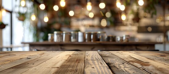Background of a wooden table, Shelf in a cafe, Wooden surface in front of a blurred cafe with bokeh lights, Surface for showcasing products, Vacant wooden counter in a blurry white room for mockups,