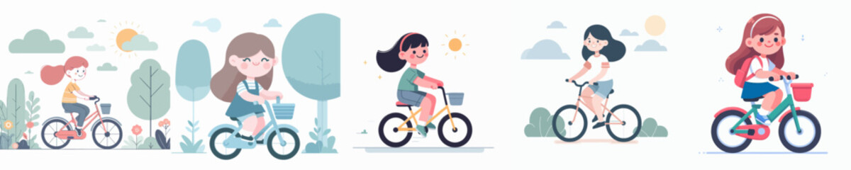 vector collection of happy little girl with bicycle