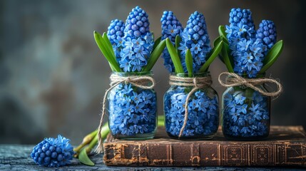   A mason jar filled with blue flowers, topped with twine An old book lies beneath - obrazy, fototapety, plakaty
