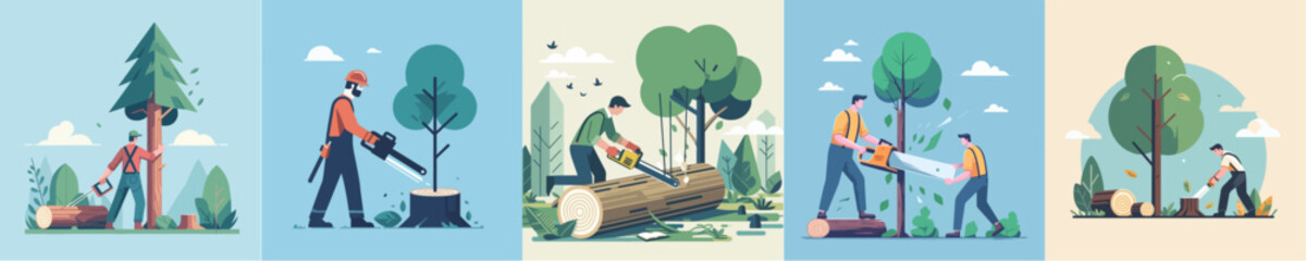 vector collection of men cutting down trees