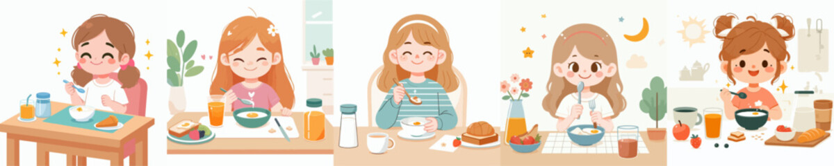 vector collection of happy little girls having breakfast