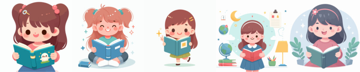 vector collection of happy little girls reading books