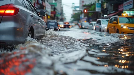 Foto op Plexiglas Cars navigate flooded streets in city, water covering tires and wheels © Валерія Ігнатенко