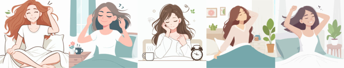 vector collection of happy young women waking up