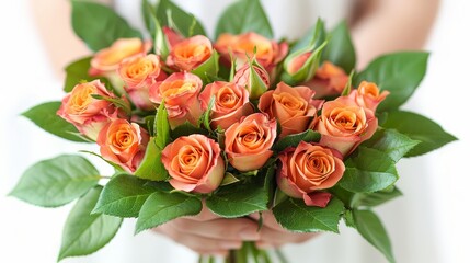   A tight shot of an individual cradling a floral arrangement Orange roses occupy the center, surrounded by green foliage