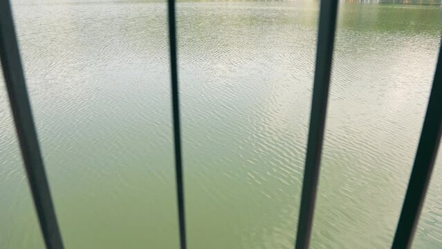 Close-up of water waves in a pond through a metal fence. Small waves of water due to gusts of wind.