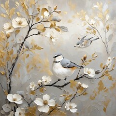 A modern art background with abstract illustrations, flowers, branches, birds, golden brushstrokes.