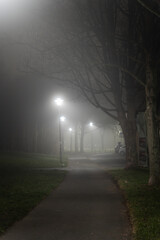 Walkway in the foggy night