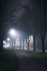 Dark walkway in a foggy night