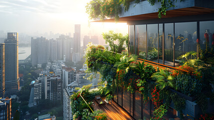 roof garden on a skyscraper with the city skyline in the background