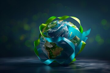 The globe wrapped in blue and green ribbons for World Asthma Day - obrazy, fototapety, plakaty