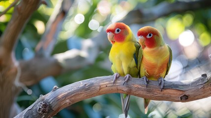 pair of lovebirds cuddled together on a tree branch, symbolizing affection and companionship in the avian world - Powered by Adobe