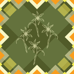 Vector seamless classic colorful geometric diamond shapes harlequin pattern with hand drawn blooming narcissus on dark green background.