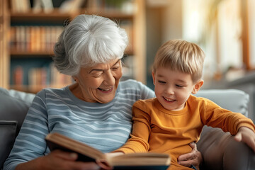 Fototapeta premium Grandmother with his grandson, reading an old book together and have a cheerful time. Cosy interior bookshelves in the background