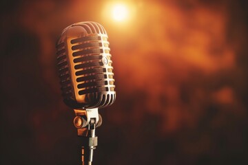 Retro style microphone on background with backlight, colorful light with microphone closeup, retro...