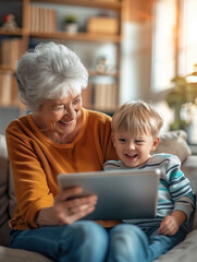 Obraz premium Grandmother with his grandson, watching a tablet together and have a cheerful time. Cosy interior bookshelves in the background 