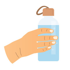 hand holding reusable water bottle; daily hydration concept; perfect for health-related blogs, sport, wellness publications or lifestyle websites- vector illustration