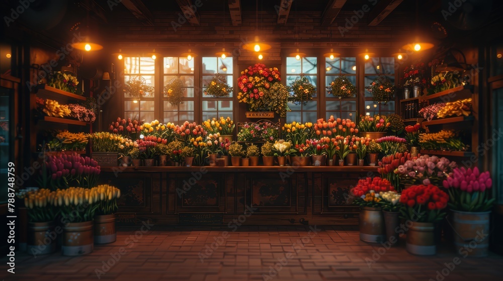 Poster a flower shop teeming with numerous flowers and hanging baskets of blooms outside, framing a window 