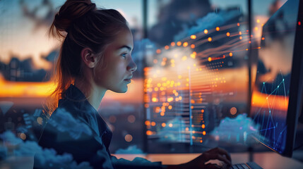 Woman Working at Computer Desk - obrazy, fototapety, plakaty