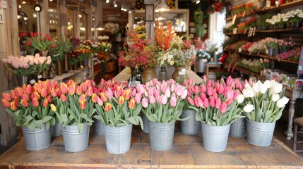   A table holds several buckets with tulips In front of a flower shop