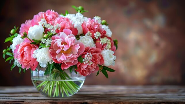   A clear background reveals a wooden table with a bouquet of pink and white flowers in a glass vase