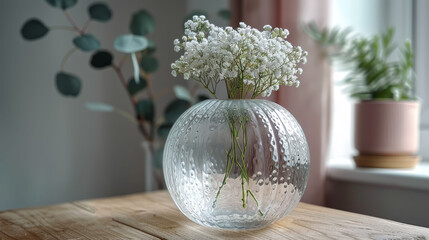   A wooden table holds a vase filled with white flowers, while a adjacent vase is filled with lush green plants
