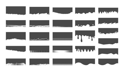 Set of separators, shapes for websites and mobile apps. Curves, lines, drops, waves, circles and triangular dividers for top or bottom page. Frame of header. Grunge shapes, corners - 788749796