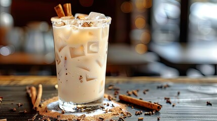 Delight in a refreshing glass of horchata served with ice and a sprinkle of cinnamon - obrazy, fototapety, plakaty