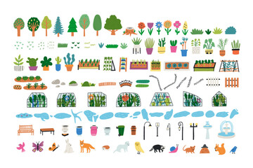 Big Set Hand Drawn Botanical Garden Elements. Greenhouse Nature Garden Beds and Park Vector Graphics