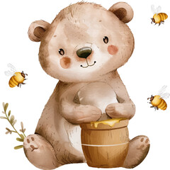Bear with honey jar and bumlebees. Watercolor vector illustration - 788750736