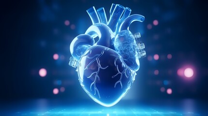 Human heart on a blue background. 3d rendering, 3d illustration.