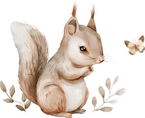 Cute squirrel with a butterfly. Watercolor vector illustration - 788750986