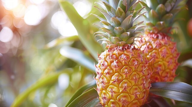 Two pineapples growing on Ananas comosus tree producing natural foods