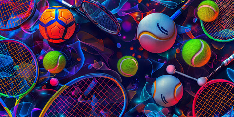 Colorful sports balls, rackets and ball suits on a dark background-AI generated image  - Powered by Adobe