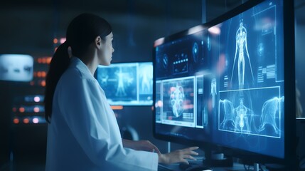Female doctor looking at x-ray image of lungs on computer monitor