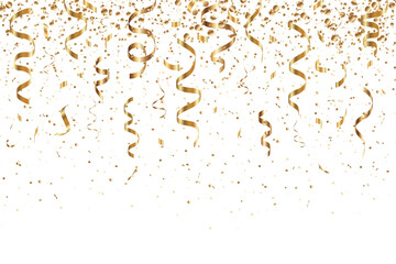 Gold confetti falling background for birthday, anniversary designs. Bright shiny gold confetti for party