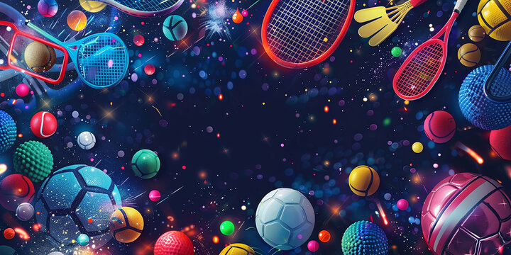 Colorful sports balls, rackets and ball suits on a dark background-AI generated image 