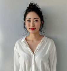 Portrait of a woman with brown hair, wearing a white shirt and looking directly into the camera. The background is a plain white wall. Young Asian woman beauty concept. Beauty salon. Skin care. Cosmet