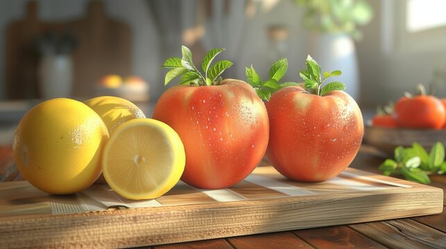 Tomatoes and lemons on wood cutting board, natural ingredients