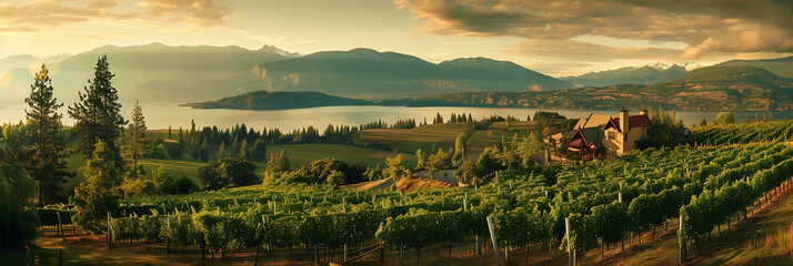 Breathtaking Landscape of Vineyard Overlooking Lake with Mountains in the Background - obrazy, fototapety, plakaty