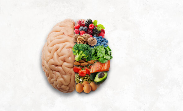 Brain health concept, healthy food for brain on bright background. Greens, vegetables, fruit, eggs, avocado for brain health. Ai elements used.