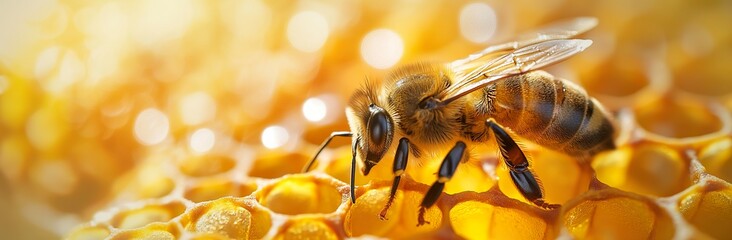 Golden bee honeycomb, sunlight-drenched nature, macro shot, stunning web banner backdrop, detailed texture