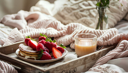 Cozy morning breakfast in bed on a tray - obrazy, fototapety, plakaty