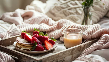 Foto op Plexiglas Cozy morning breakfast in bed on a tray © Oleksiy