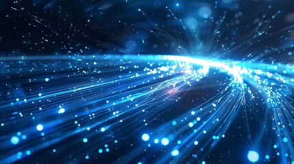 Fototapeta premium Digital Blue Light Fibers Accelerating. Dynamic blue optical fibers emitting light, representing high-speed data transfer and connectivity.