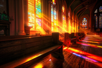 An enchanting photograph of the quiet beauty inside a church, with sunlight streaming through stained glass windows, casting a colorful, dreamy glow over the pews and altar.