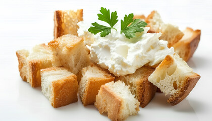 Tasty croutons with cream cheese on white background